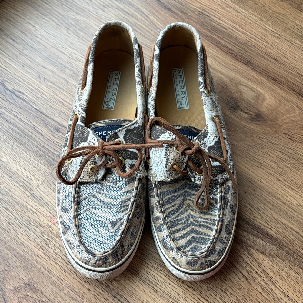 Sperry Animal Print Boat Shoes with Brown Laces